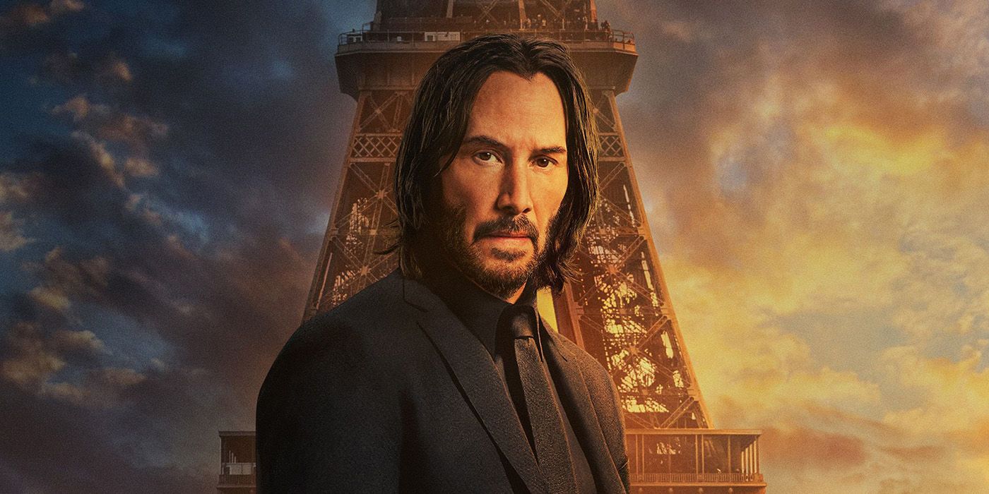 Keanu Reeves as John Wick in front of the Eiffel Tower in John Wick 4