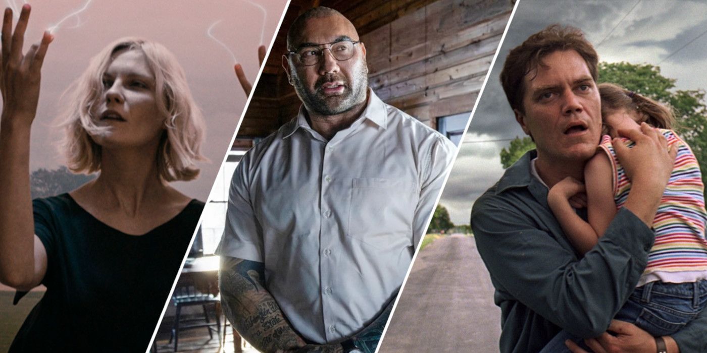 Split image showing Kirsten Dunst, Dave Bautista, and Michael Shannon