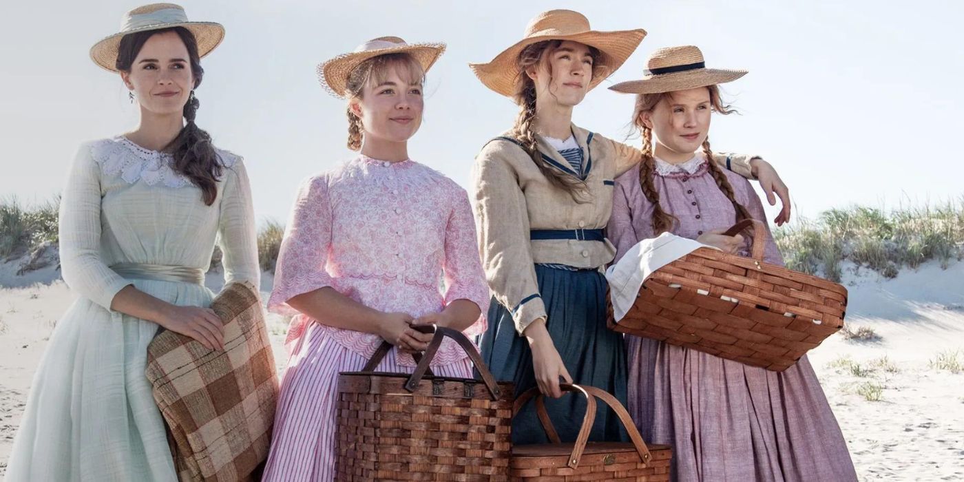 Emma Watson, Florence Pugh, Saoirse Ronan, and Eliza Scanlen as Meg, Amy, Jo, and Beth wearing hats and dresses Little Women