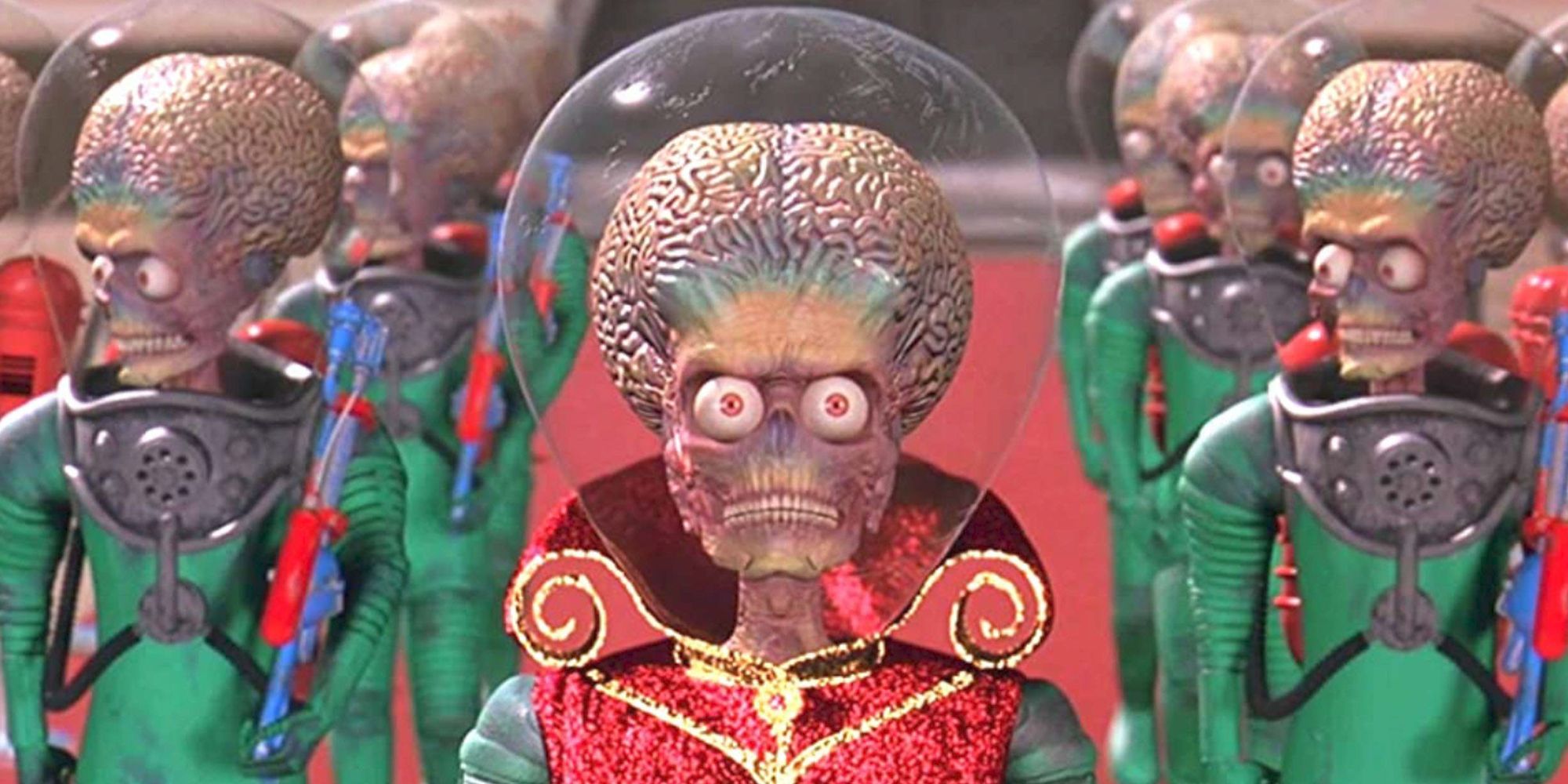 The Martian army looking angry while walking down a red carpet in Mars Attacks!