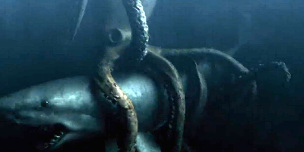 Pieuvre géante avec ses tentacules autour d'un requin dans Mega Shark Versus Giant Octopus.