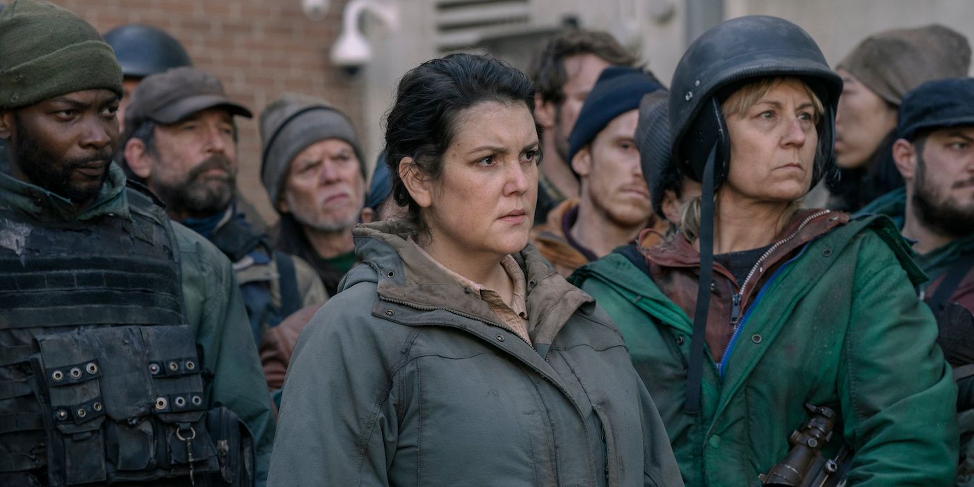 Melanie Lynskey as Kathleen with troops in The Last of Us
