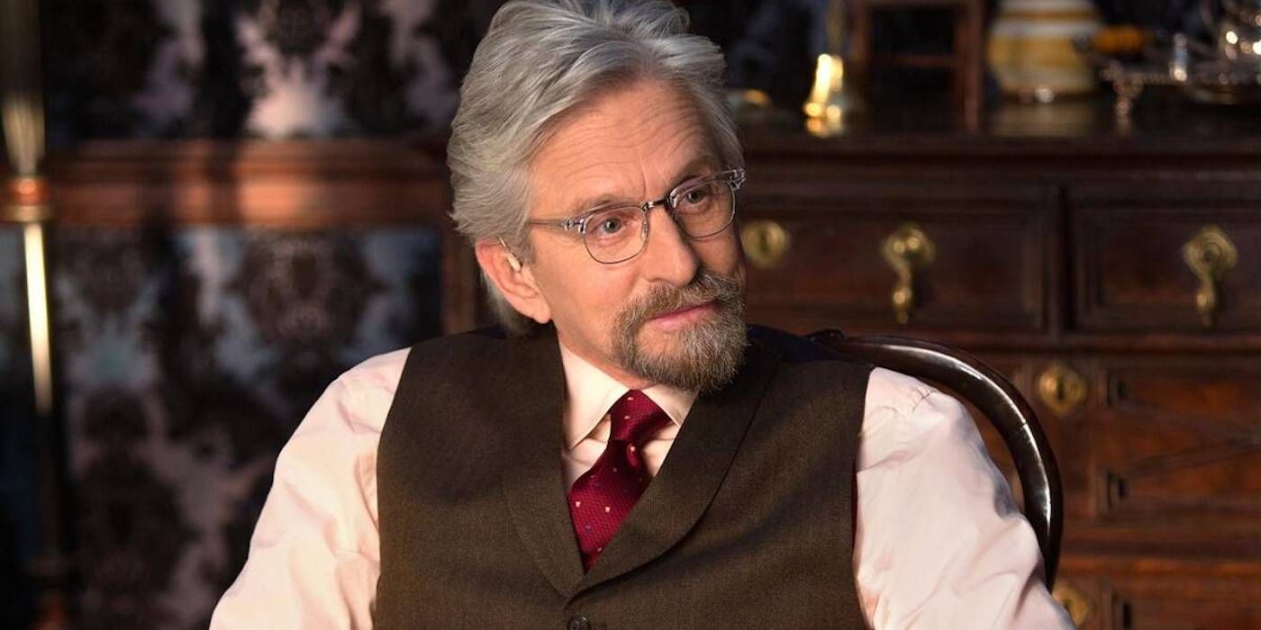 close-up of Michael Douglas smirking as Hank Pym in Ant-Man and the Wasp: Quantumania