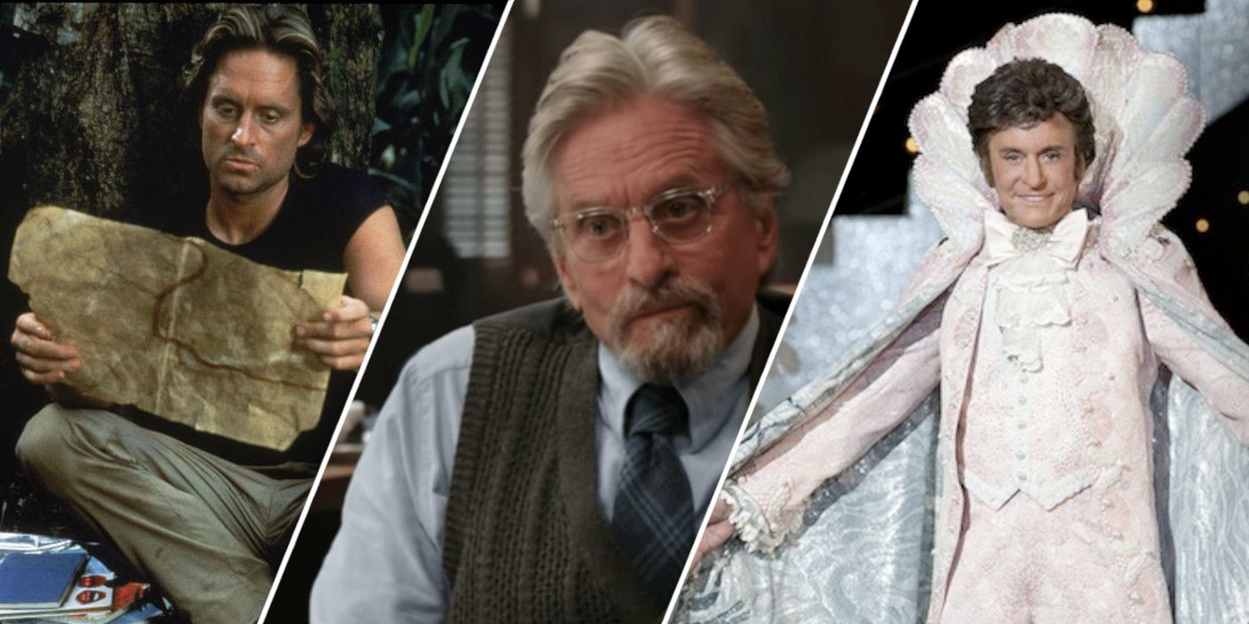 Split image showing Michael Douglas in Romancing the Stone, Ant-Man and the Wasp, and Behind the Candelabra