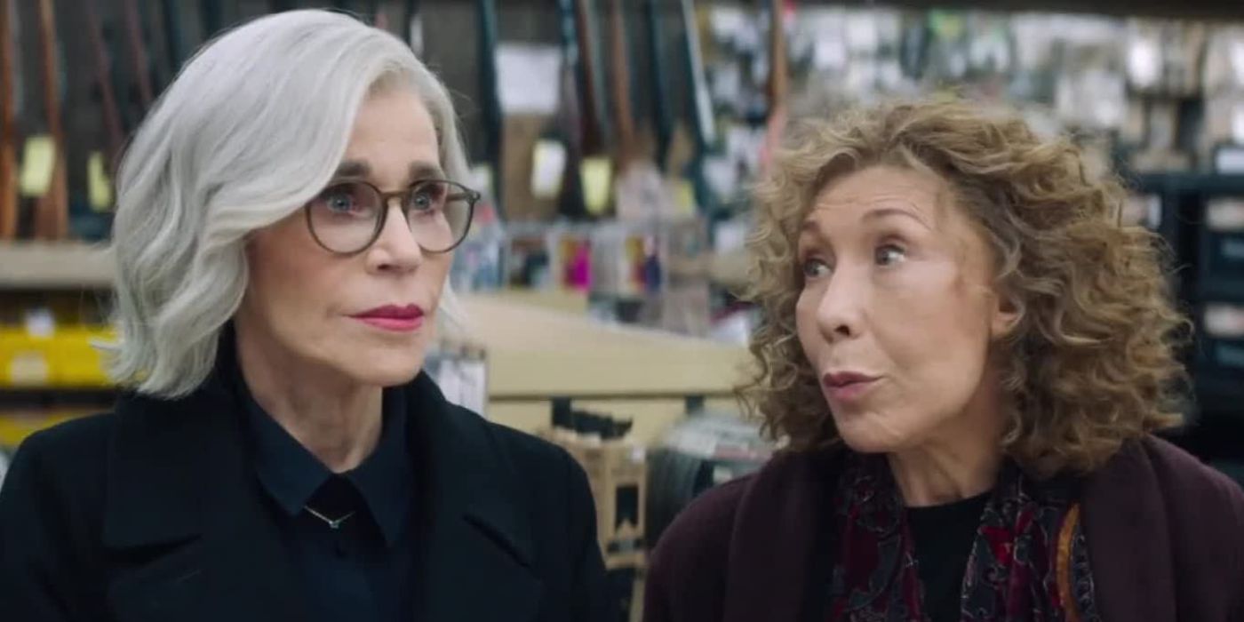 Jane Fonda and Lily Tomlin in a gun store in the film Moving On