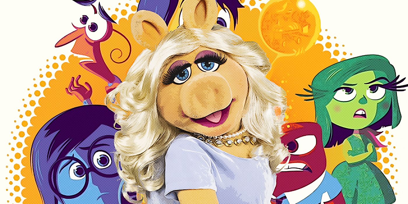 Miss Piggy in front of a poster of Inside Out
