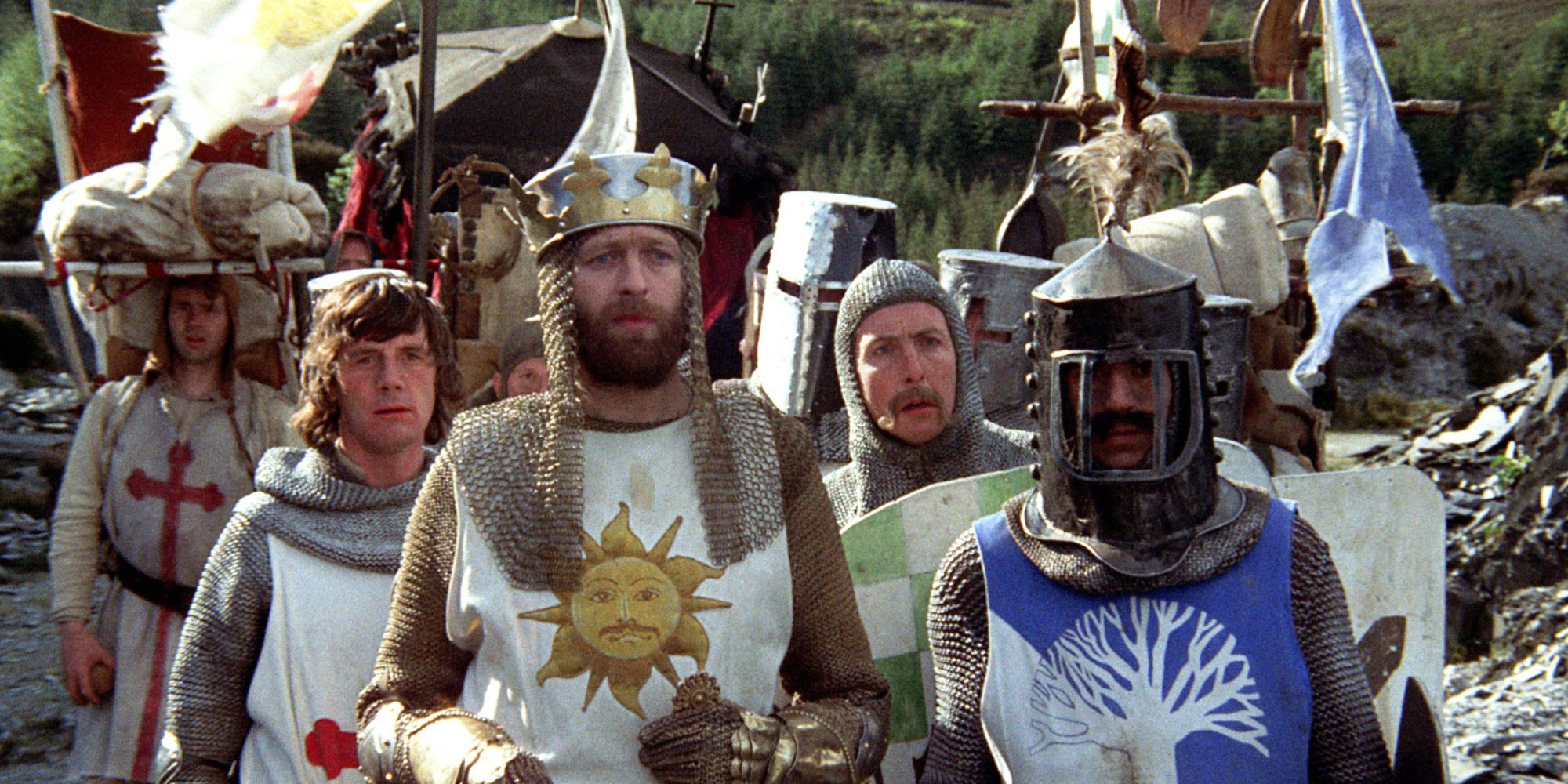 Arthur (Graham Chapman) leading his army in 'Monty Python and the Holy Grail'