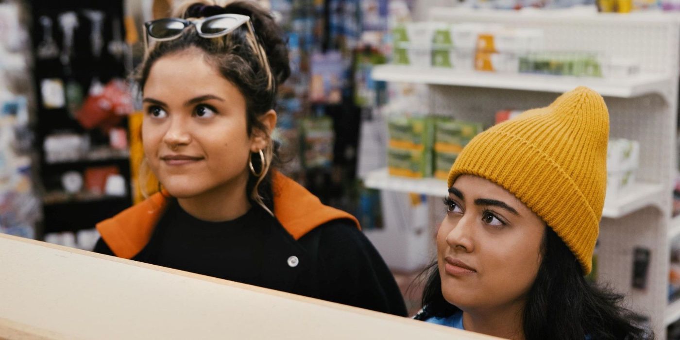 Kuhoo Verma as Sunny and Victoria Moroles as Lupe at a drugstore counter in Plan B.