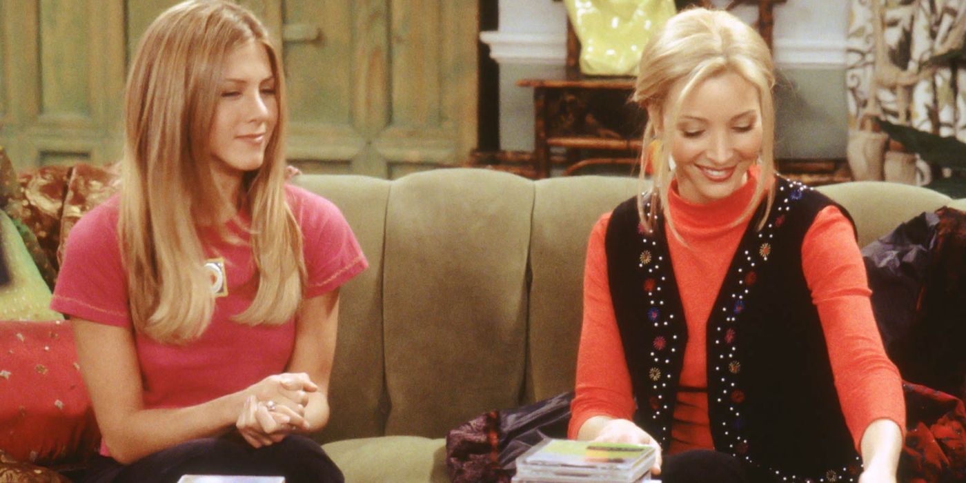 Rachel dan Phoebe melihat ke bawah di Friends