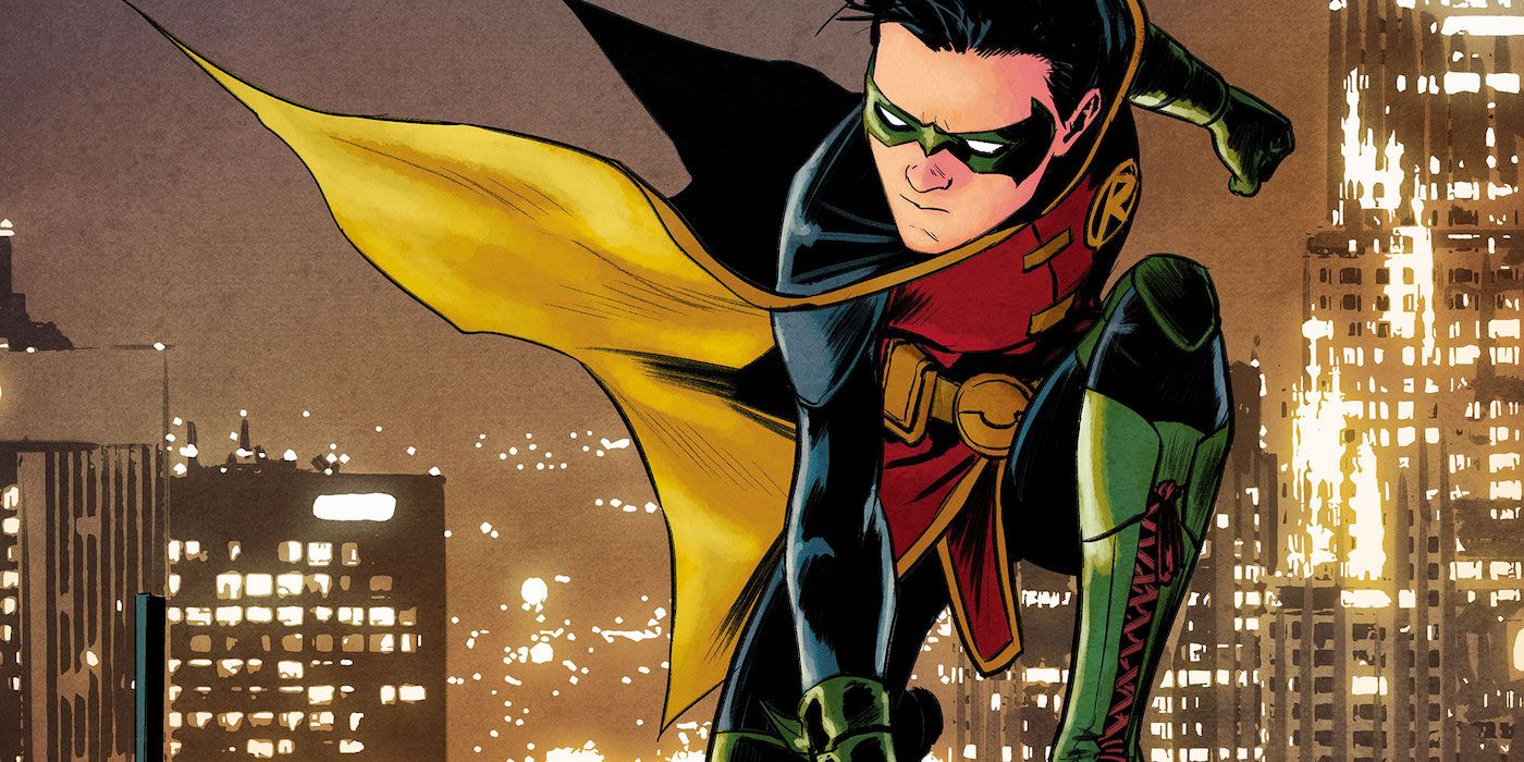 Robin on a building in Gotham in DC Comics