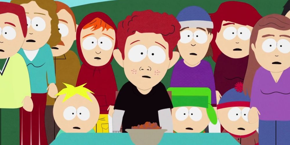 Scott Tenorman with a bowl of chilli and a shocked audience behind him in South Park