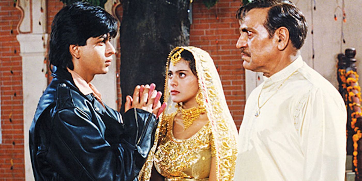 Shah Rukh Khan and Kajol and Amrish Puri in Dilwale Dulhania Le Jayeng