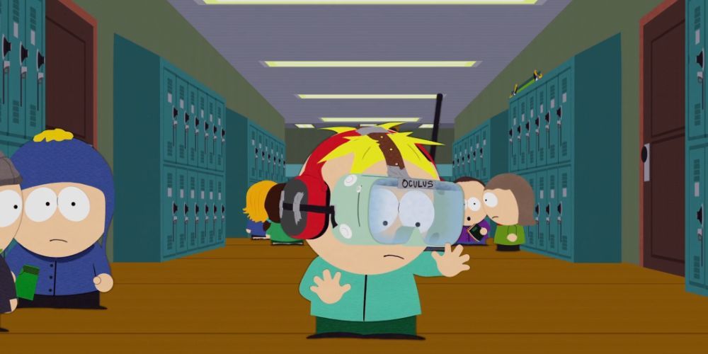 Butters wearing a virtual reality headset at school in South Park episode Grounded Vindaloop