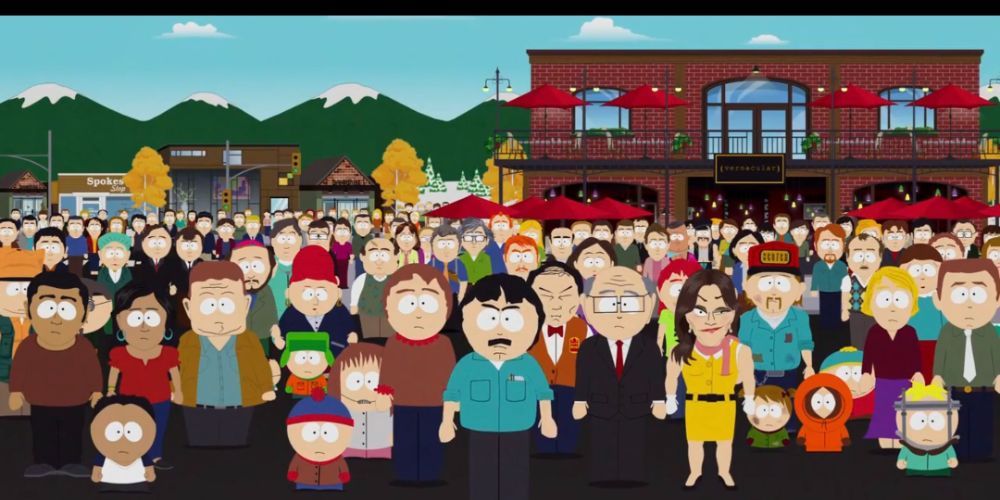 Randy Marsh berdiri dengan kota South Park di Musim 19
