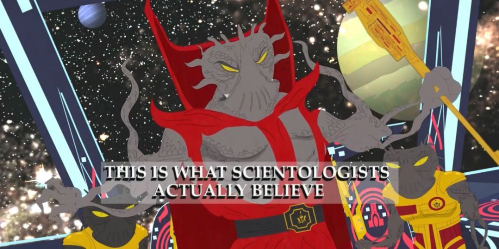 Gambar Lord Xenu dengan teks di bawahnya bertuliskan 'Inilah yang Sebenarnya Dipercaya Para Ilmuwan' di South Park