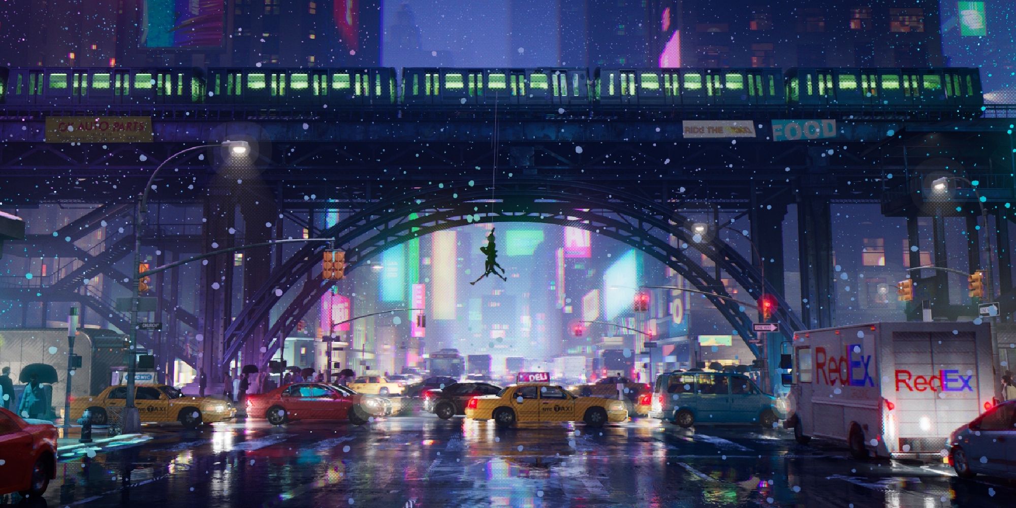 Spider-Man hanging on a web in the city in Spider-Man Into the Spider-Verse