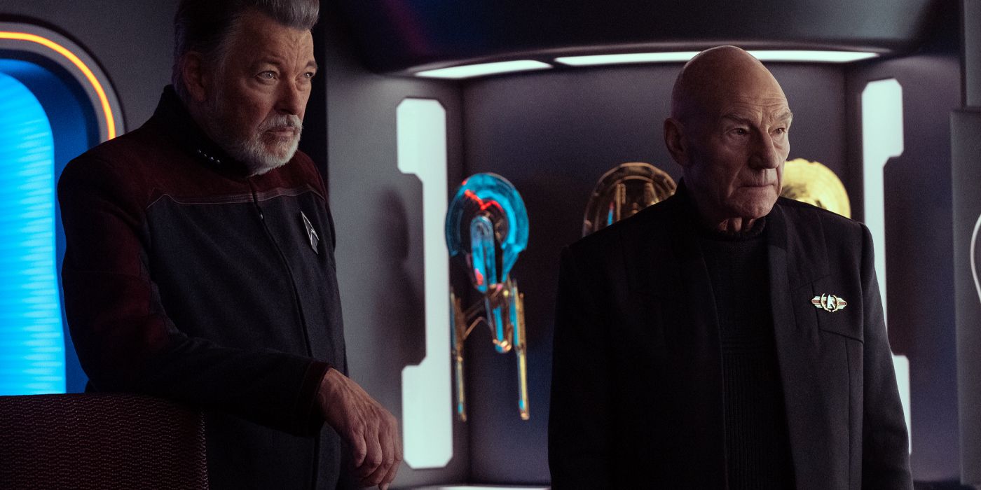 Jonathan Frakes as Will RIker and Patrick Stewart as Jean-Luc Picard in Season 3 of Star Trek Picard