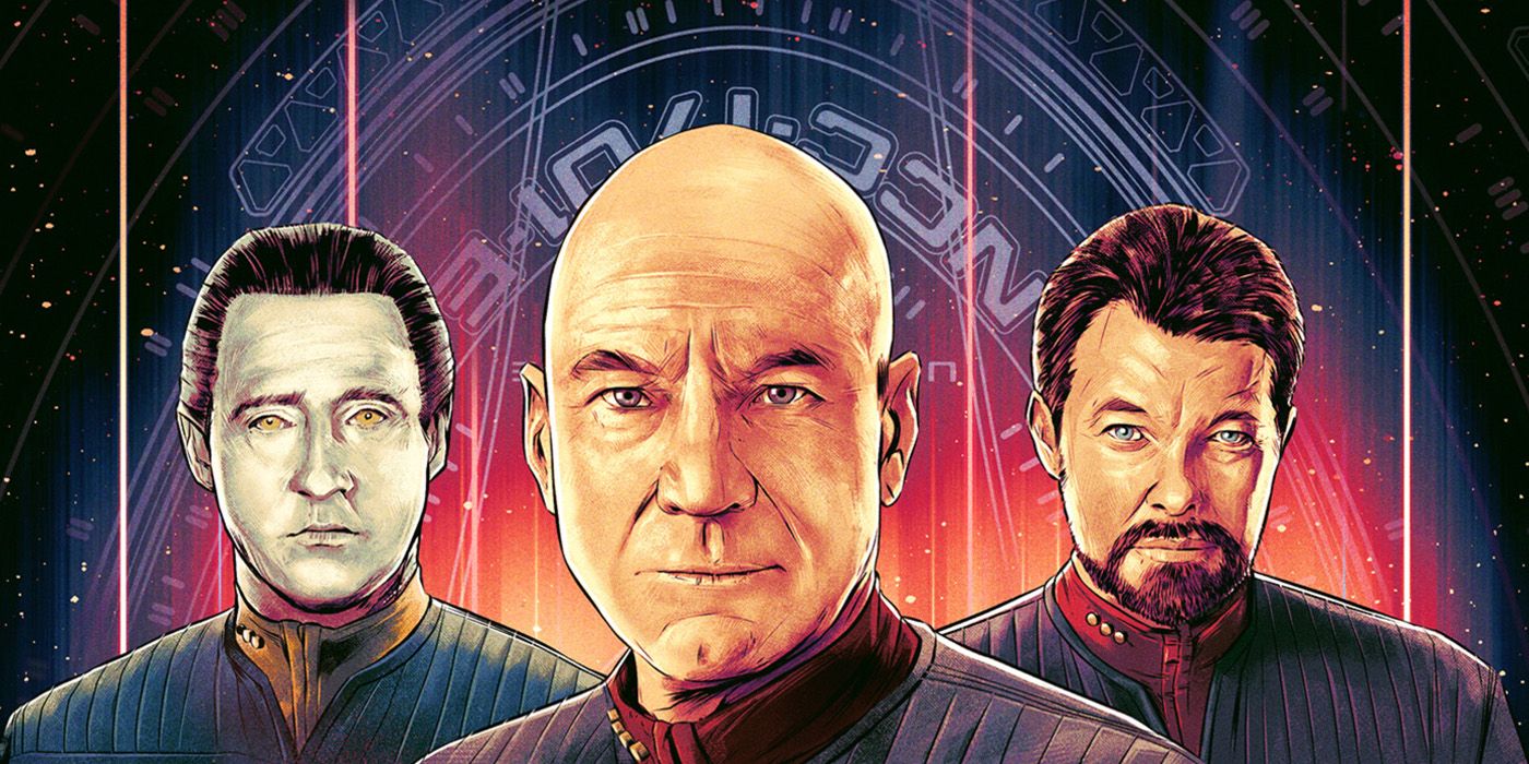 Jonathan Frakes as Will Riker, Patrick Stewart as Jean-Luc Picard, and Brent Spiner as Data in Star Trek