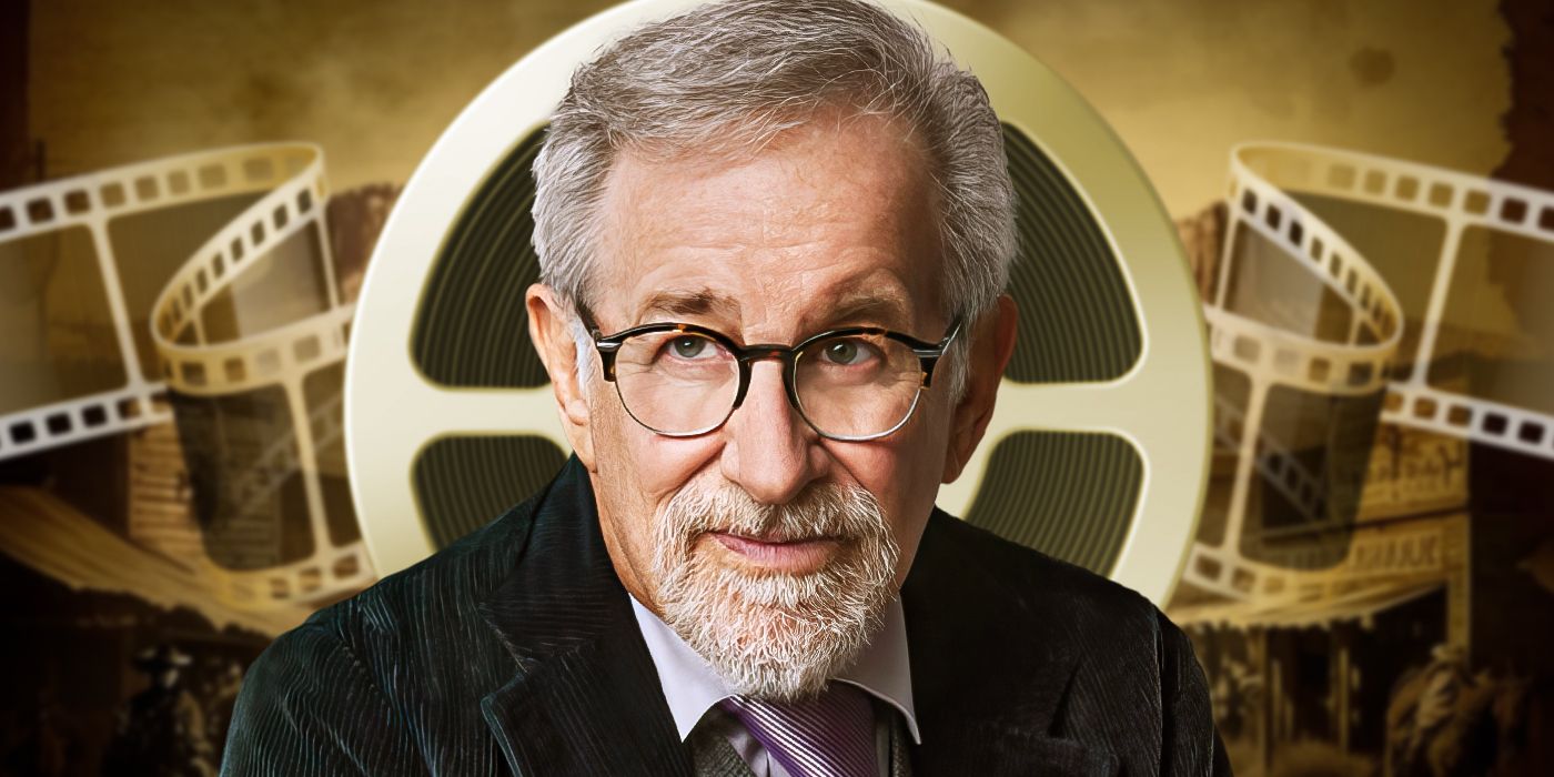 Custom image of Steven Spielberg against golden background with a movie reel and film