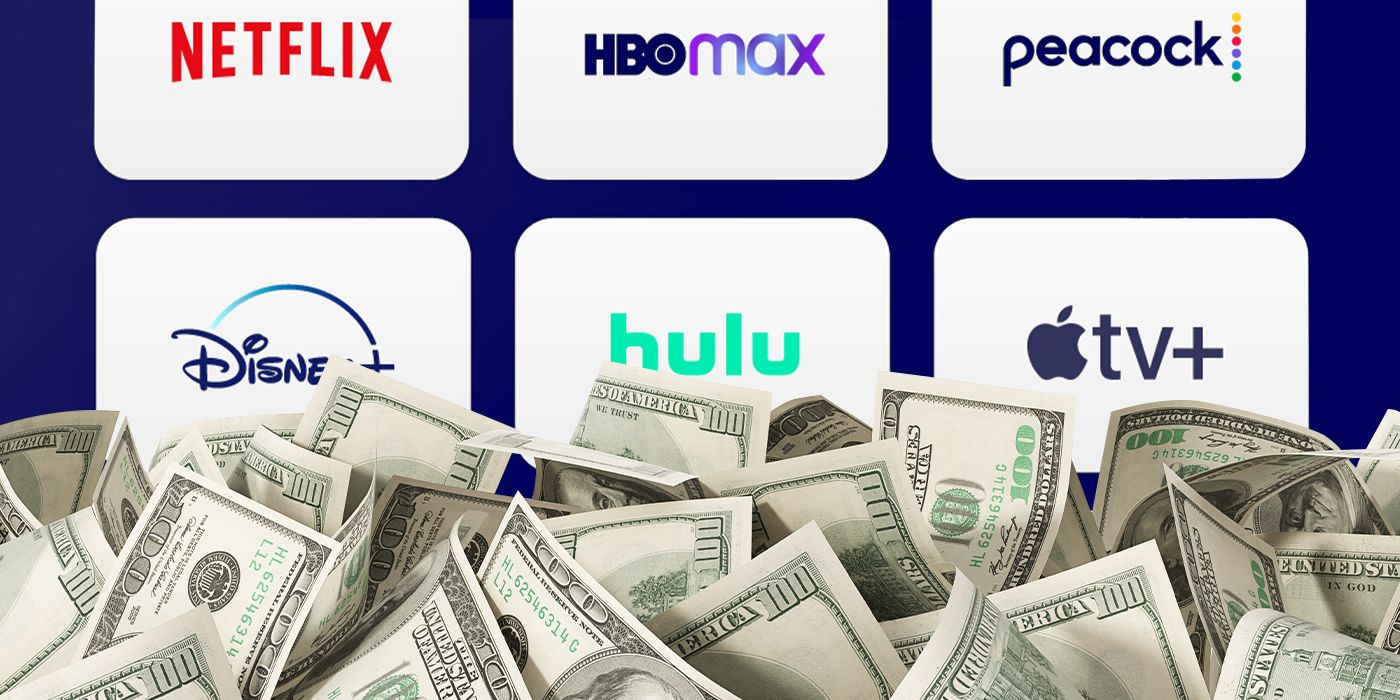 Money in front of streaming service logos Netflix, HBO Max, Peacock, Disney+, Hulu, and Apple TV+