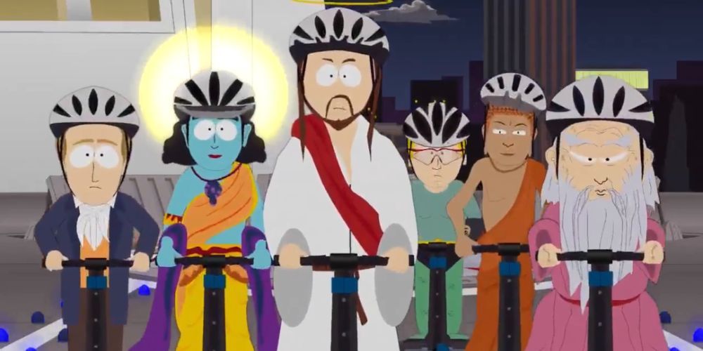 Joseph Smith, Krishna, Yesus, Manusia Laut, Buddha, dan Laozi bersepeda di South Park