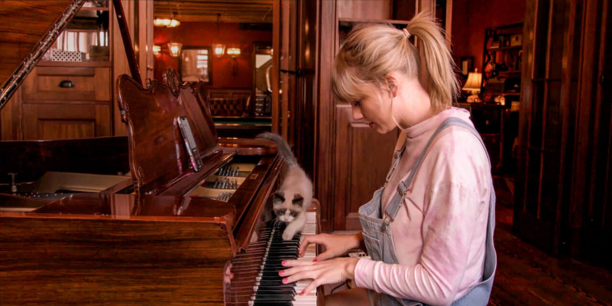 Taylor Swift joue du piano avec son chat dans 'Miss Americana'.