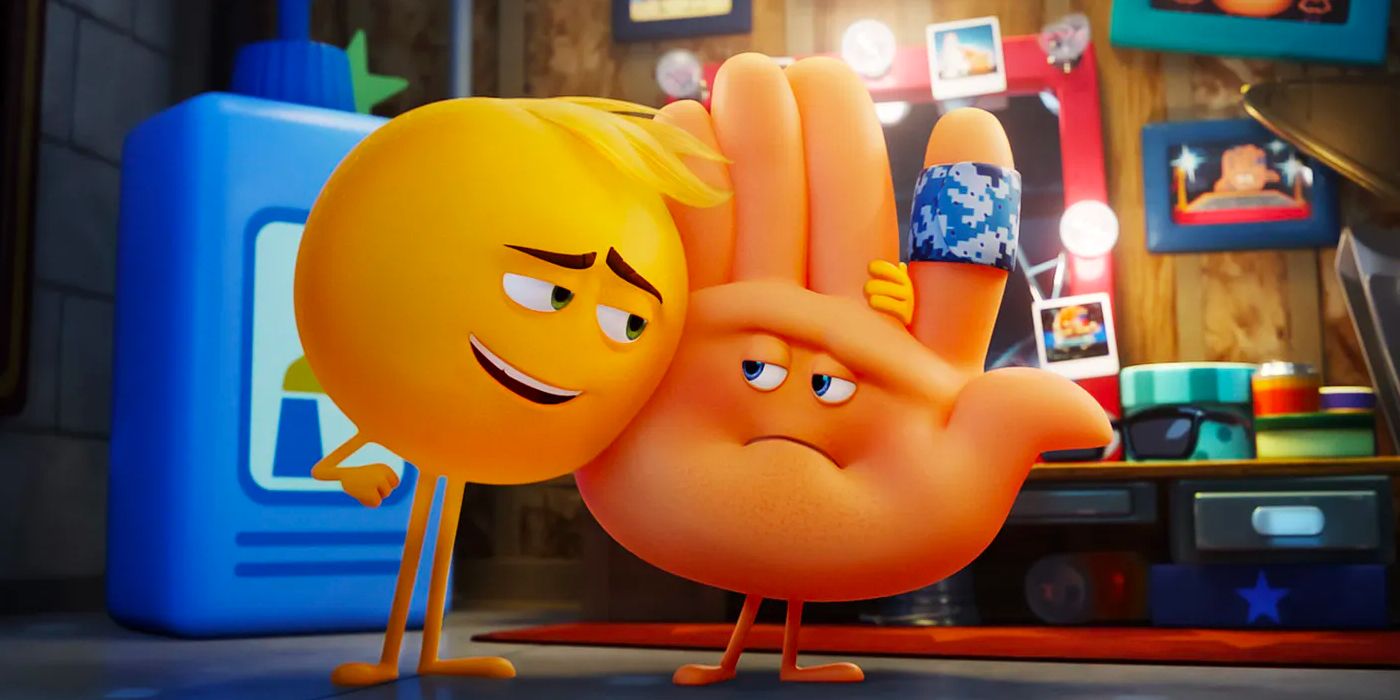 A multi-expressional emoji embraces a disapproving hand emoji in 'The Emoji Movie'.