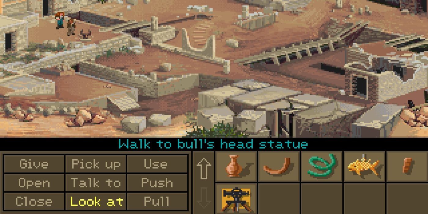 The point-click menu allowing users to choose to walk to the bull's head statue in the 1992 Indiana Jones and the Fate of Atlantis video game