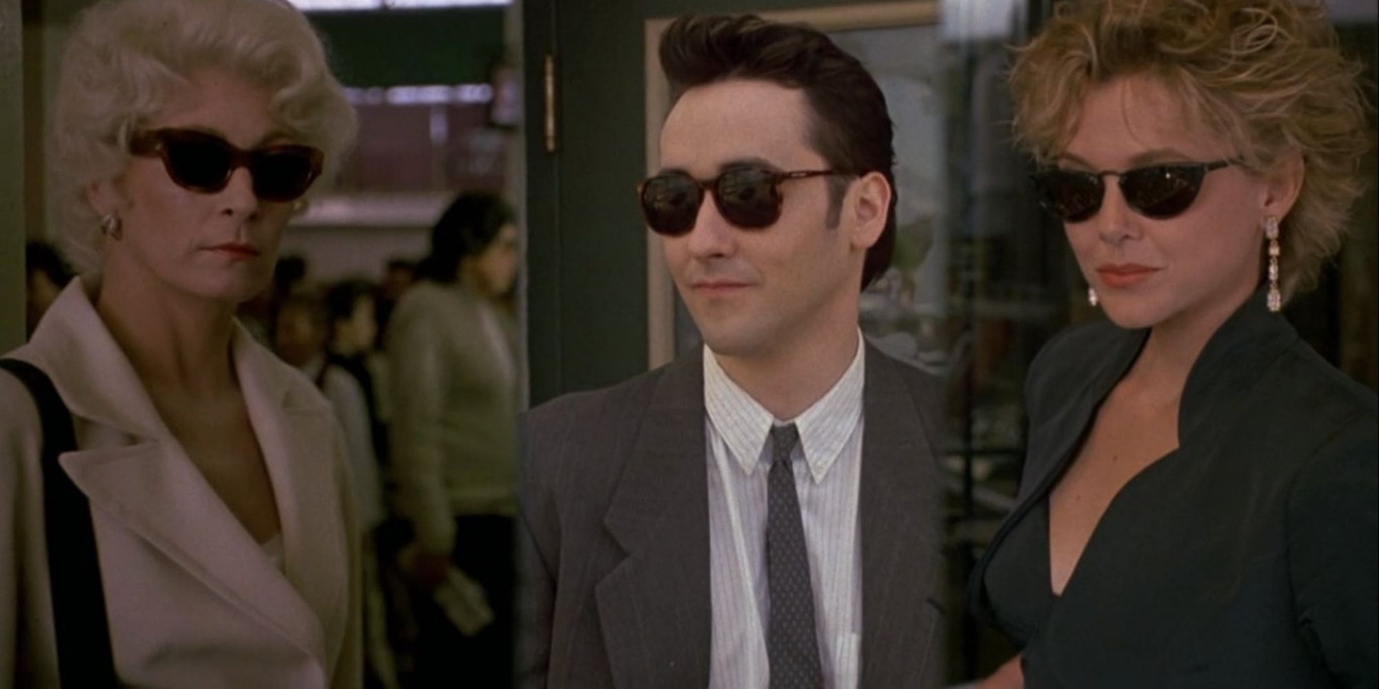 Split image showing Lily, Roy, and Myra in The Grifters