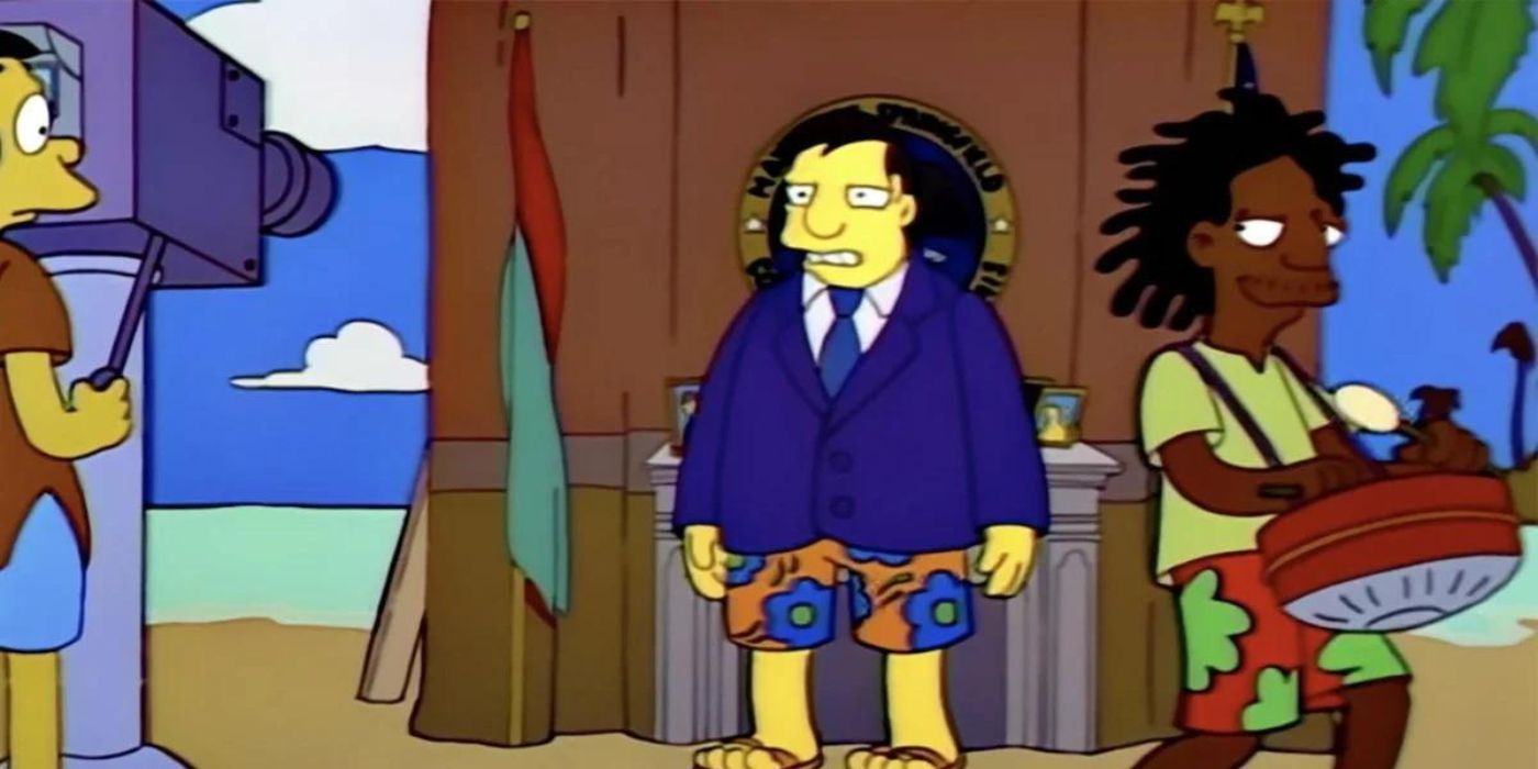 Le maire Quimby, exprimé par Dan Castellaneta, en short de bain faisant une déclaration politique devant un faux décor de bureau alors qu'il est en fait à la plage dans 'The Simpsons'
