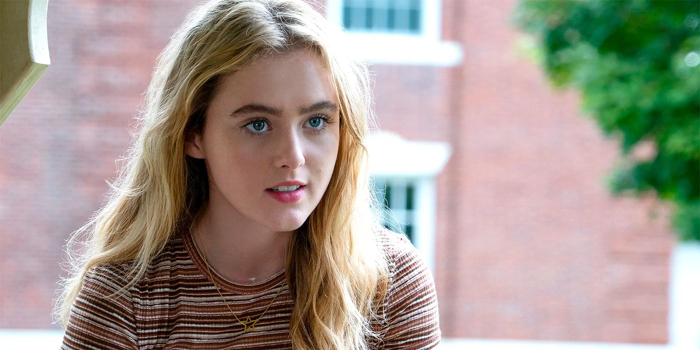 A closeup shot of Kathryn Newton wearing a stripped t-shirt in a scene from 'The Society'