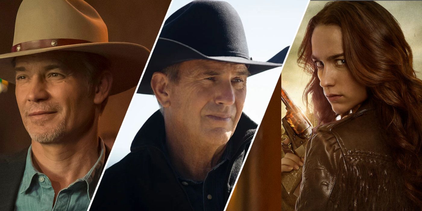 Split image showing Timothy Olyphant, Kevin Costner, and Melanie Scrofano