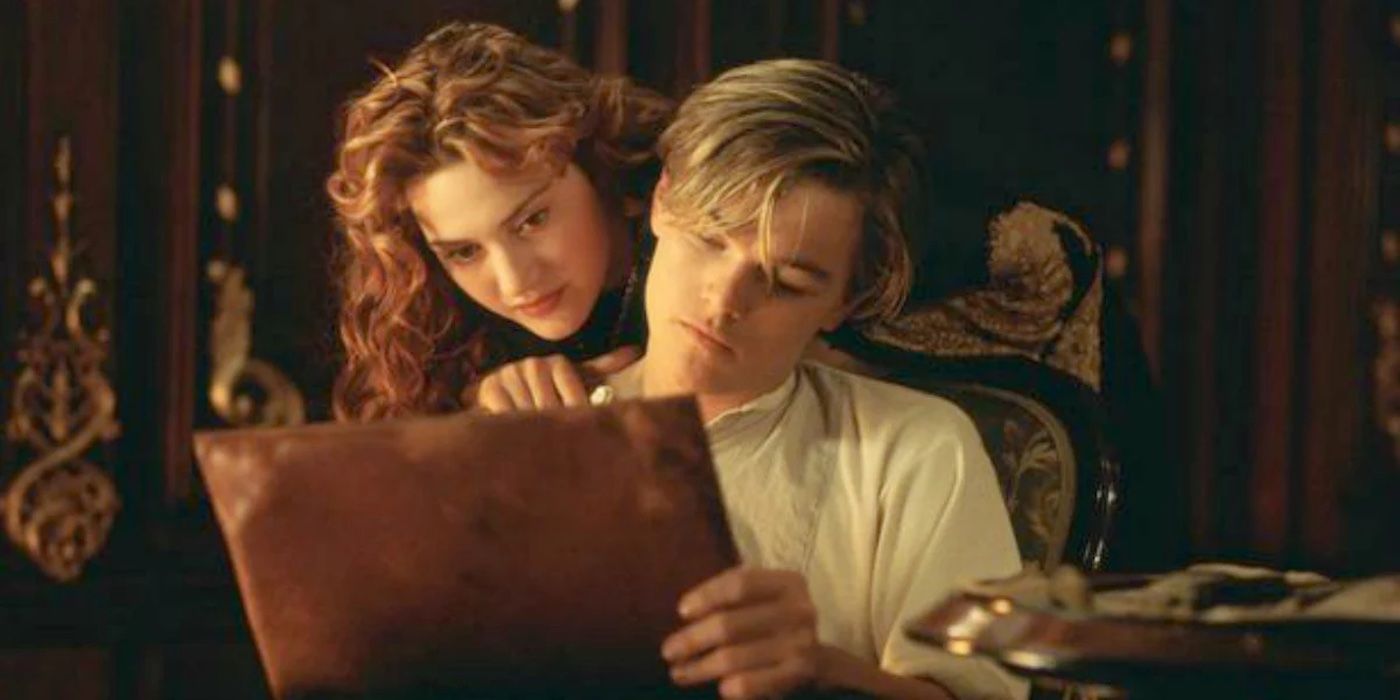 Kate Winslet and Leonardo DiCaprio as Rose and Jack, looking at his painting in Titanic