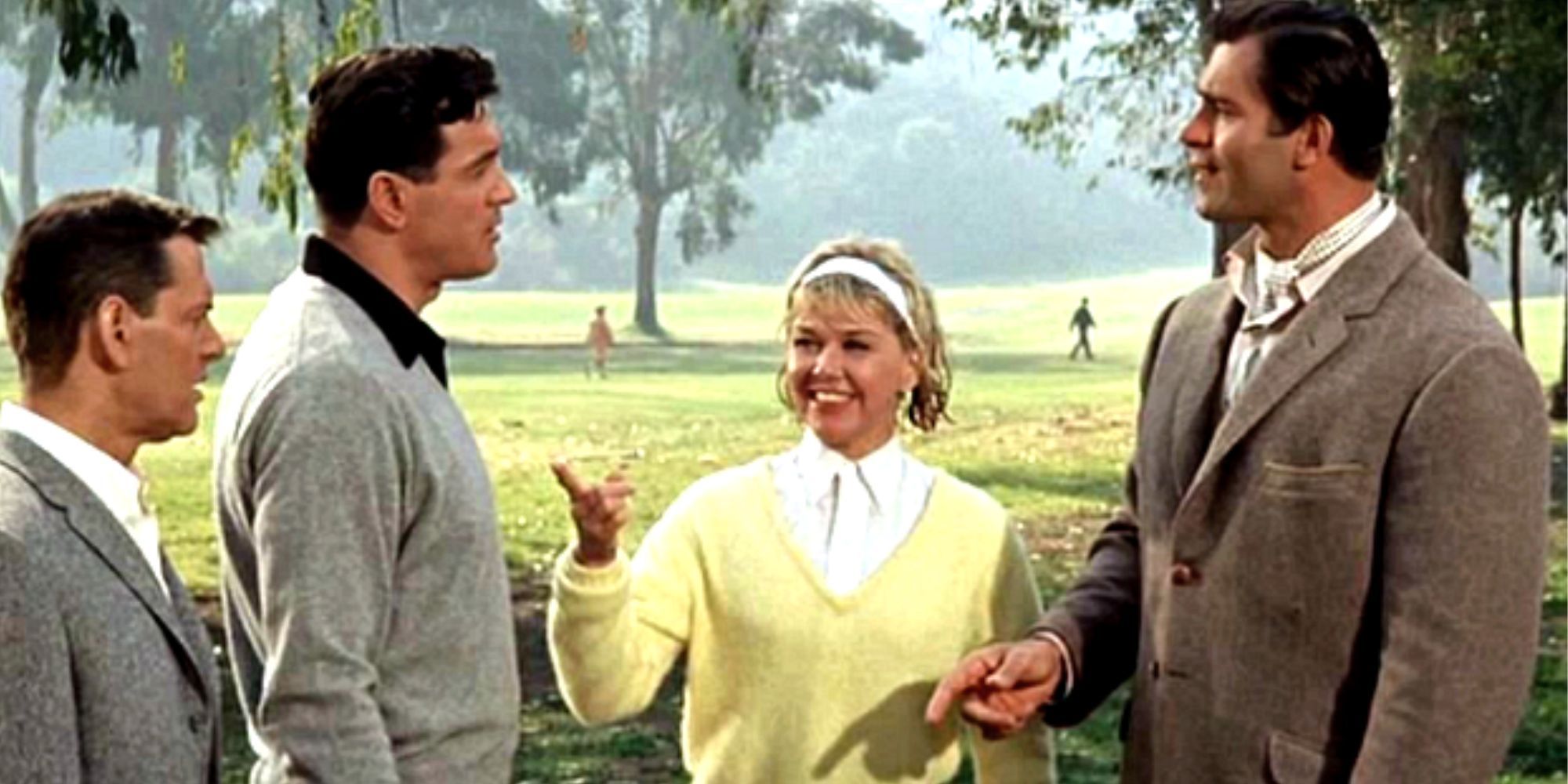 Tony Randall et Rock Hudson regardent Clint Walker et Doris Day se tient entre eux dans Send Me No Flowers.
