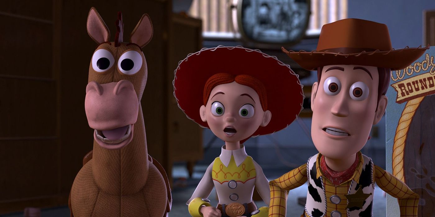 Bullseye, Jesse and Woody look shocked in Toy Story 2. 