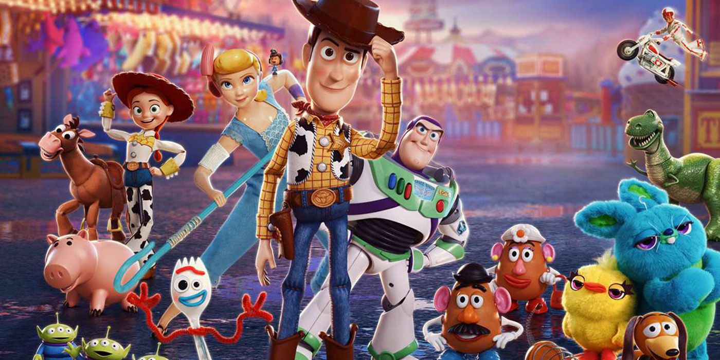 Characters from Toy Story 4 including Woody voiced by Tom Hanks, Buzz Lightyear voiced by Tim Allen, and Forky voiced by Tony Hale