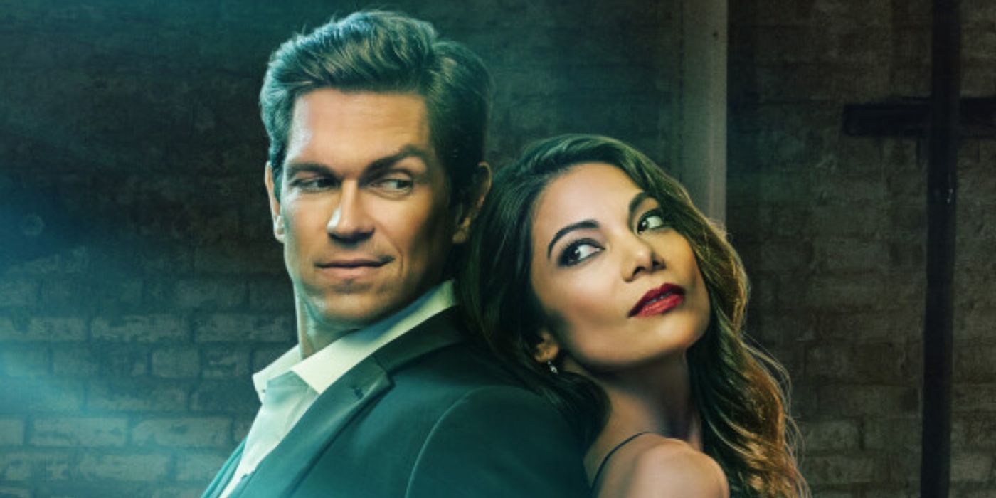 Steve Howey and Ginger Gonzaga back-to-back as Harry and Helen in a promotional image for True Lies