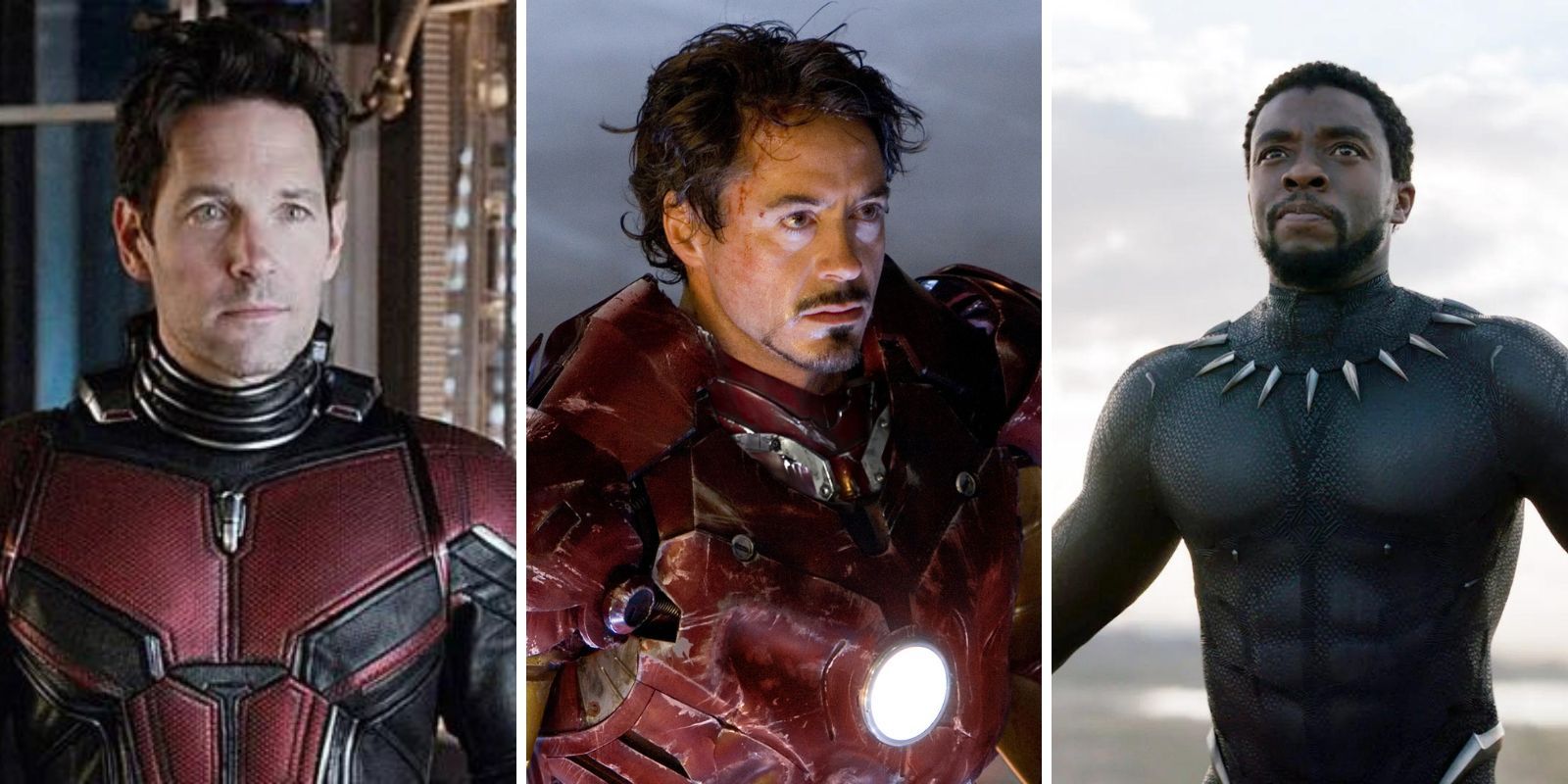 Paul Rudd as Ant Man, Robert Downey Jr. as Iron Man and Chadwick Boseman as Black Panther