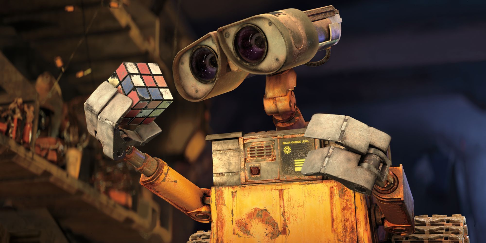 O robô WALL-E resolve um cubo de Rubik do filme WALL-E em uma terra esquecida e cheia de lixo.