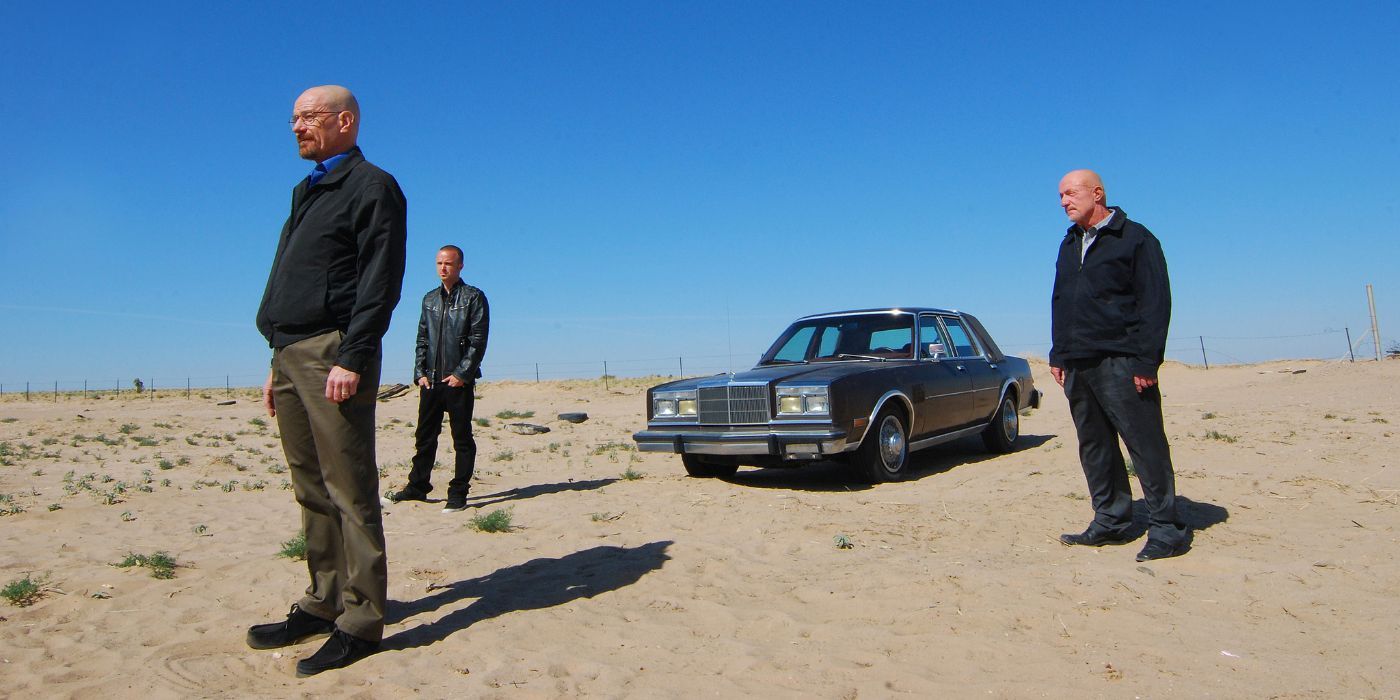 Walt, Jesse, and Mike in the desert in Say My Name from Breaking Bad