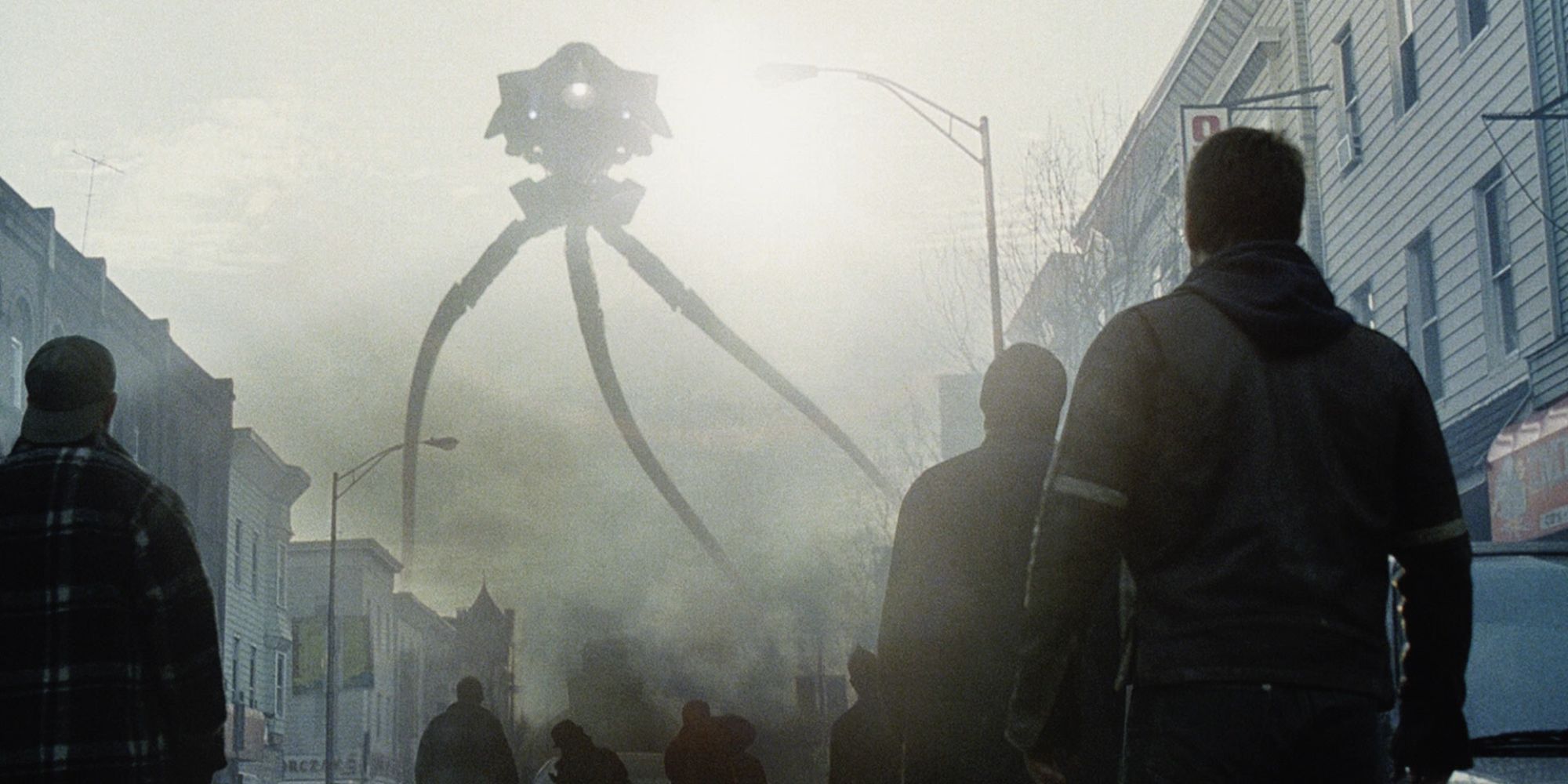 A huge tripod alien roams the streets of New Jersey as onlookers stare in horror
