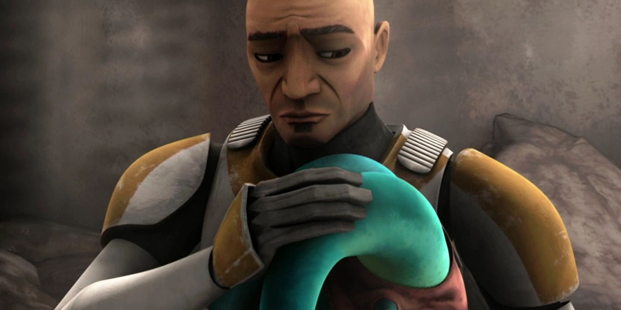 clone trooper hugging a little alien girl