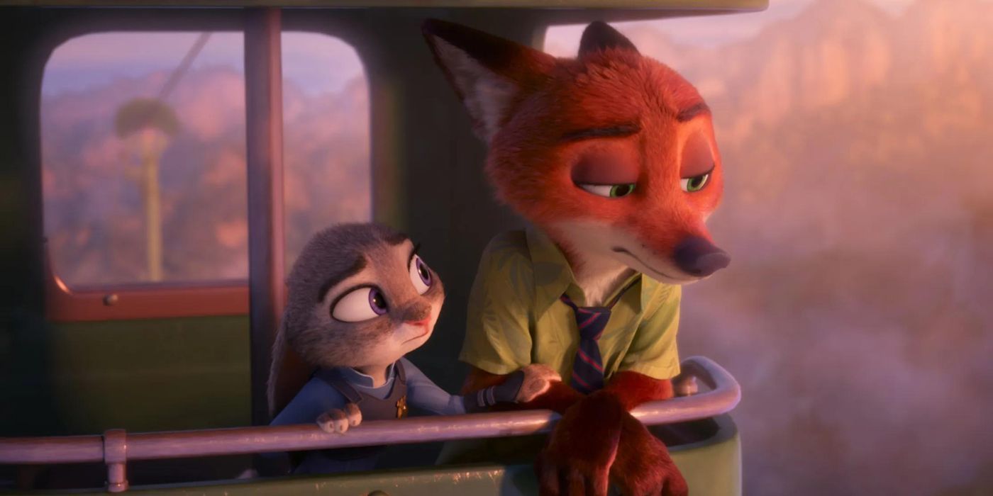 Judy and Nick share a moment in an air lift in Zootopia 