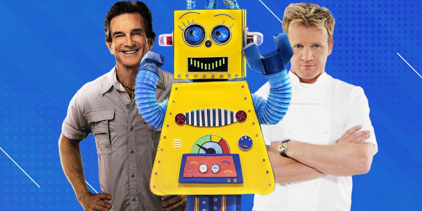 image of two men and a robot against blue background
