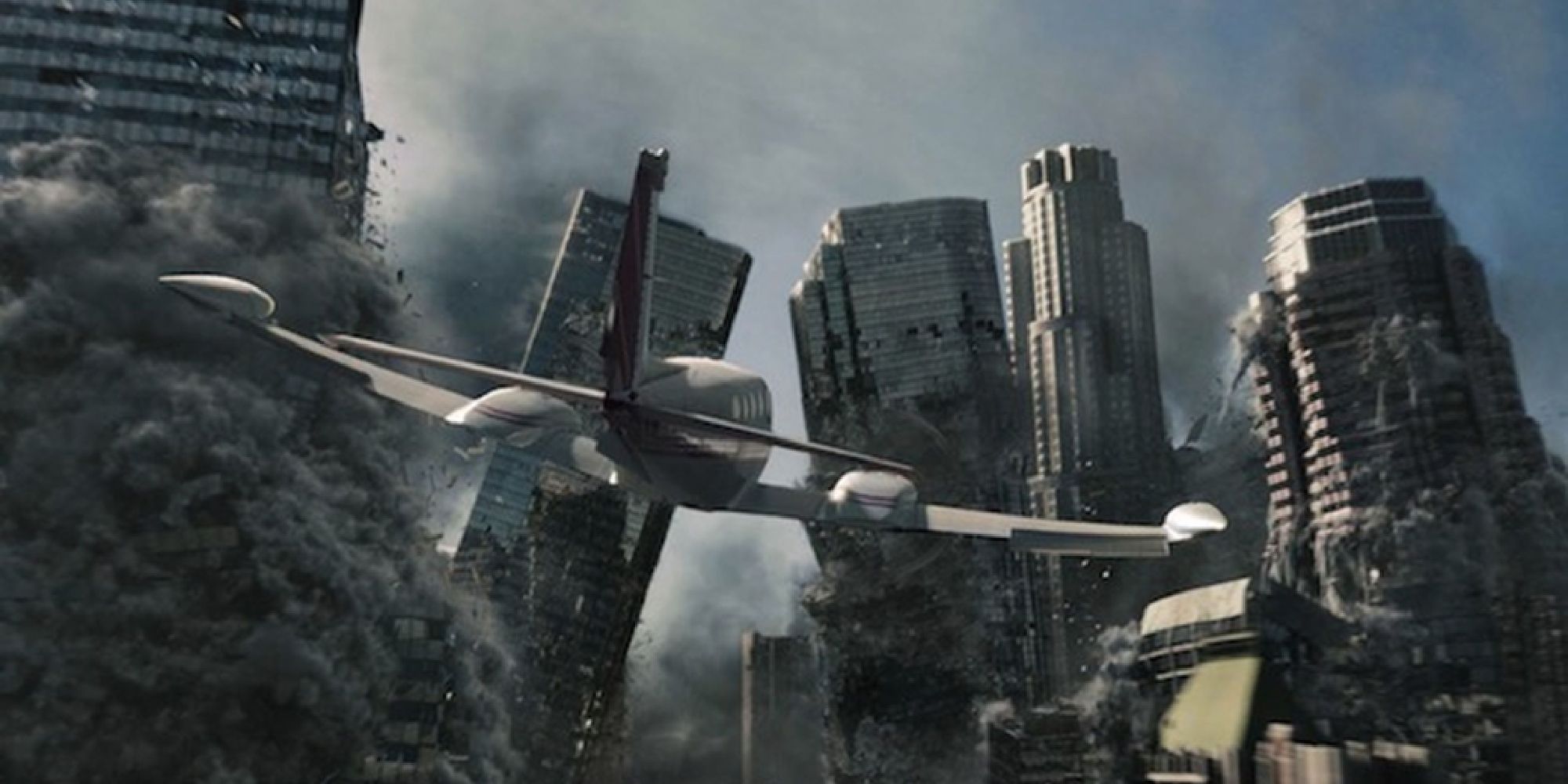 Un avion survolant des bâtiments qui s'effondrent en 2012