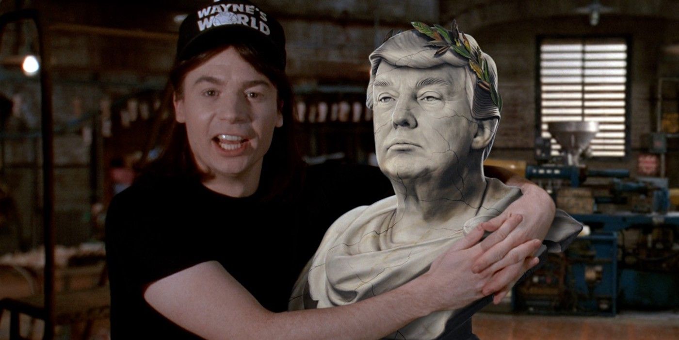 Mike Myers from Wayne's World holds a statue of Donald Trump in Hello Dankness.