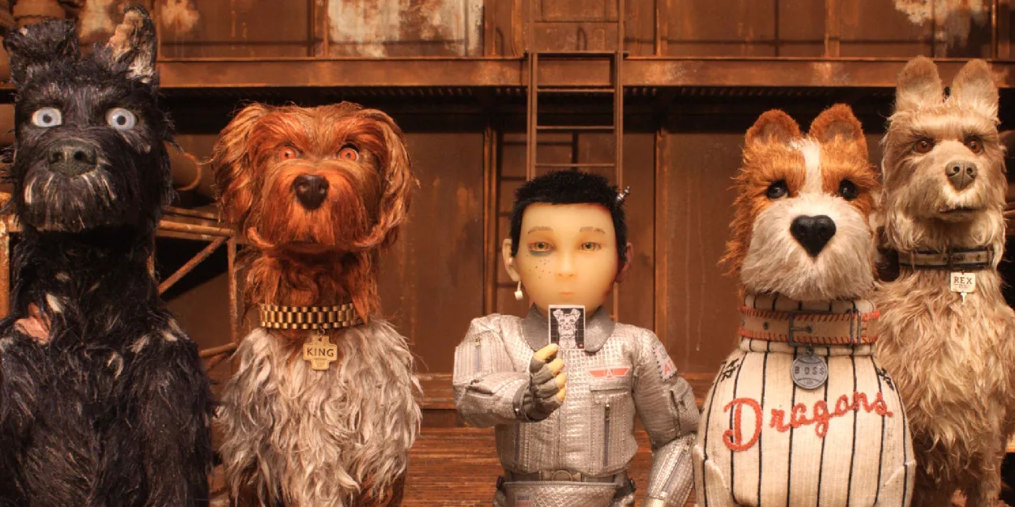A group of stop-motion animated dogs in Isle of Dogs