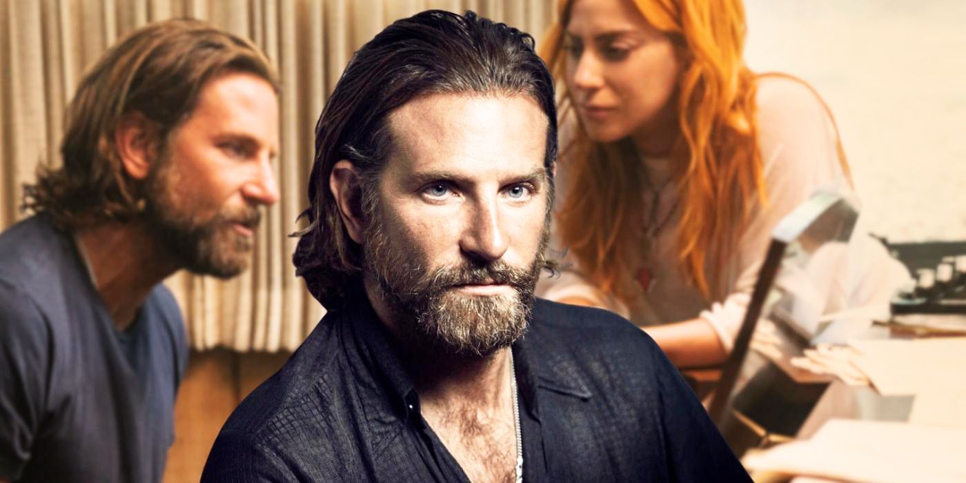 Bradley Cooper as Jackson Maine in front of an image of Jack and Ally in A Star is Born