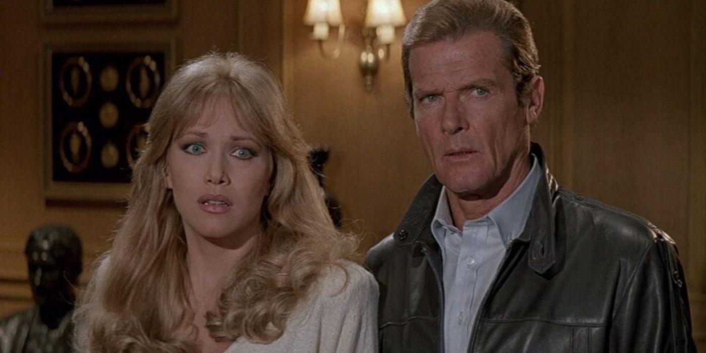 Roger Moore and Tanya Roberts as James Bond and Stacey Sutton looking scared in the film A View to a Kill.