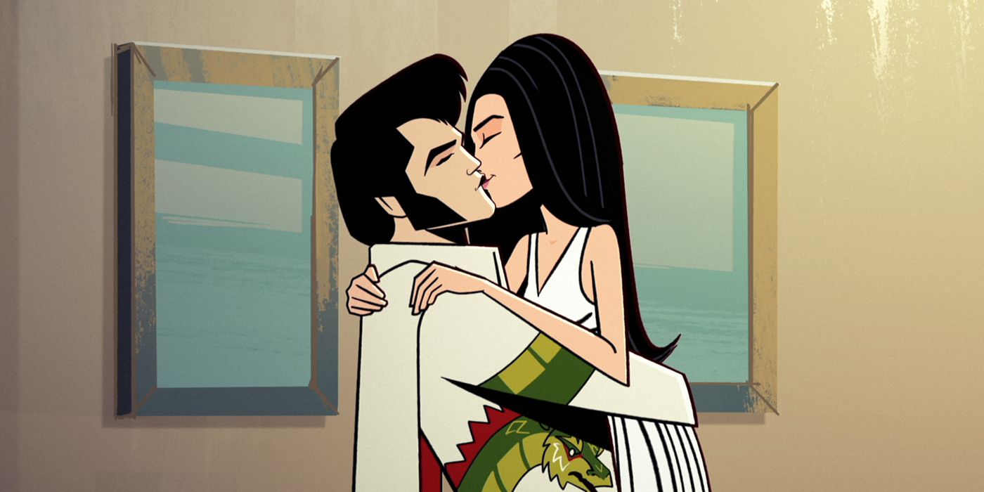 Elvis dan Priscilla Presley berciuman dalam sebuah adegan dari 'Agent Elvis'